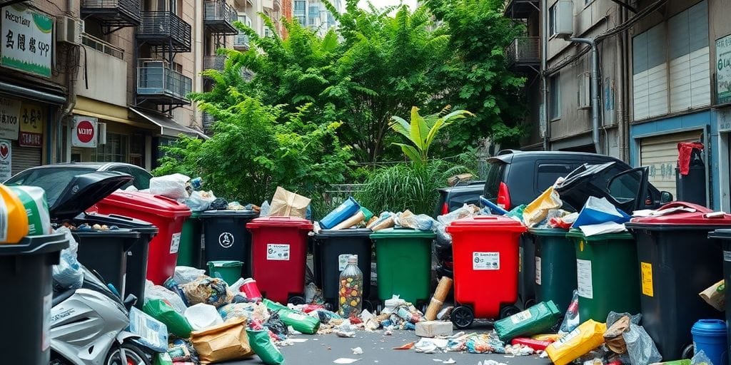 Resíduos urbanos e diferentes tipos de lixo nas ruas.