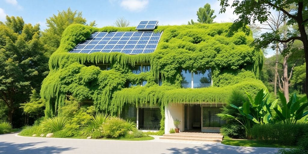Edifício verde com painéis solares e vegetação abundante.