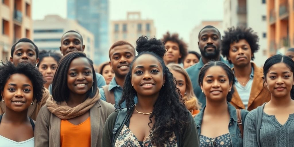 Grupo diverso de pessoas unidas em busca de oportunidades.