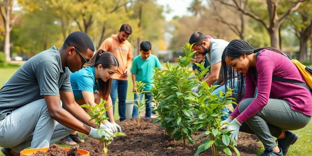 Pessoas de diferentes etnias trabalhando juntas em serviço comunitário.
