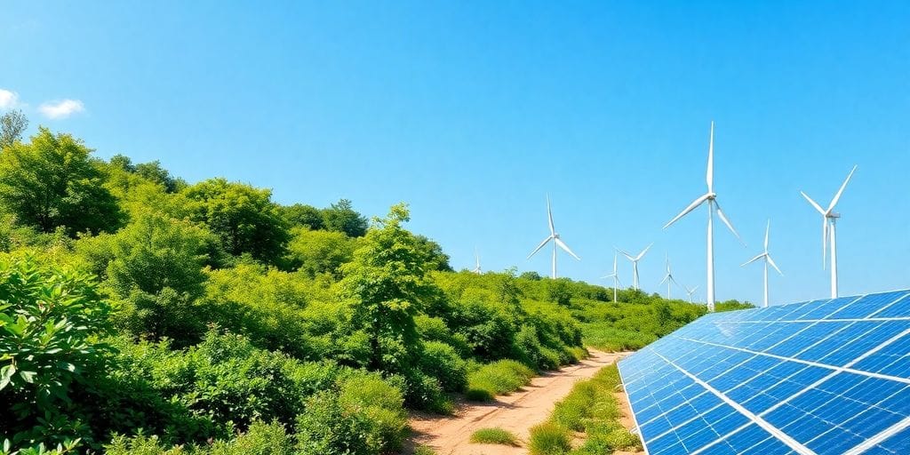 Paisagem verde com painéis solares e turbinas eólicas.