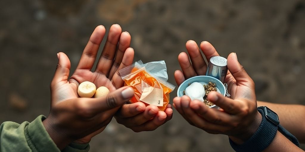 Mãos estendidas oferecendo comida para famílias necessitadas.