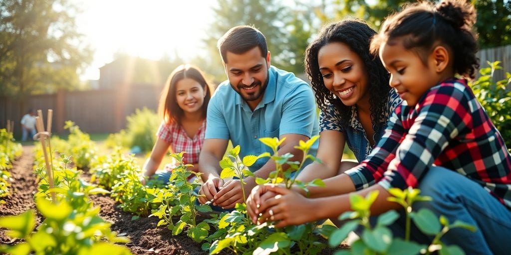 Família trabalhando unida em um jardim comunitário.
