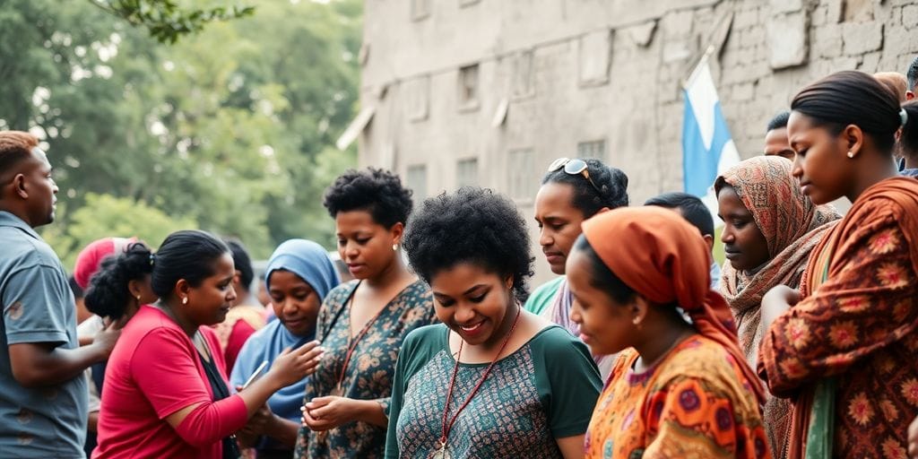 Pessoas diversas colaborando em atividades comunitárias positivas.