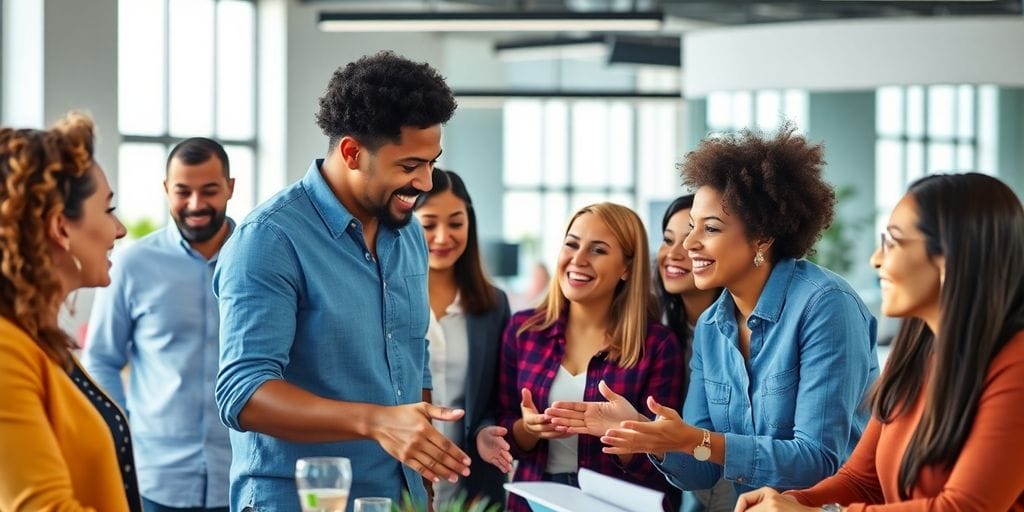 Grupo diversificado colaborando em um ambiente de trabalho.