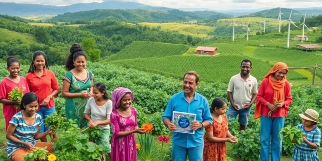 Pessoas em atividades sustentáveis em um ambiente natural.