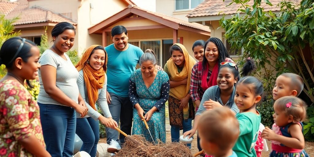 Grupo diverso ajudando uma família em necessidade.
