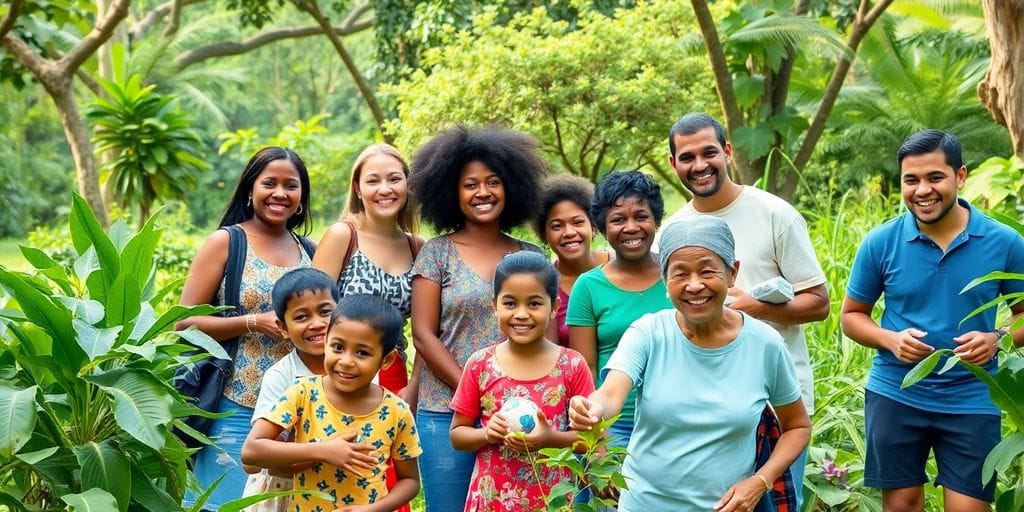 Grupo diversificado de pessoas felizes em um parque.