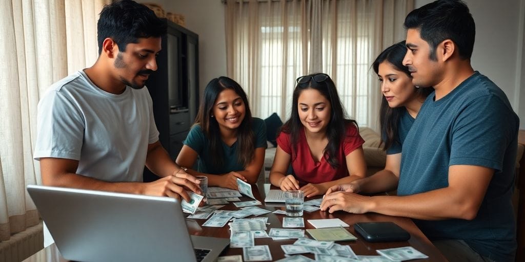 Família brasileira reunida, discutindo questões financeiras.