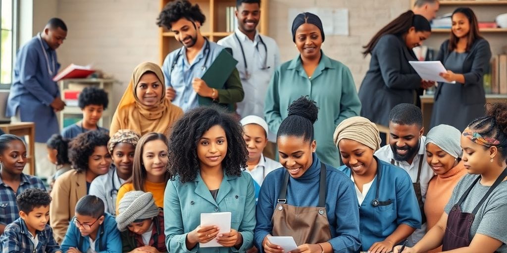 Grupo diverso de trabalhadores em ambientes dignos.