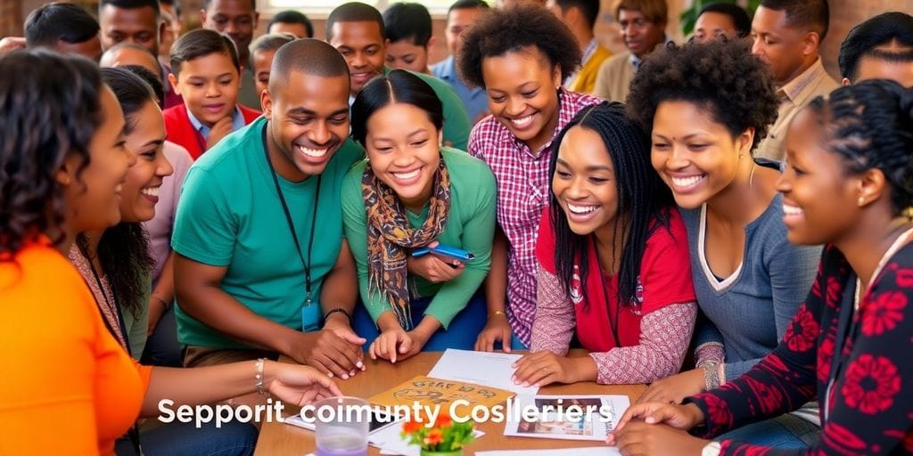 Pessoas unidas em evento comunitário de apoio e reintegração.