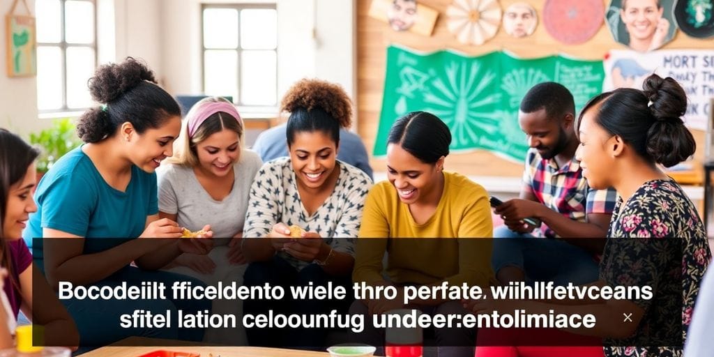 Grupo diverso colaborando em atividades de inclusão social.