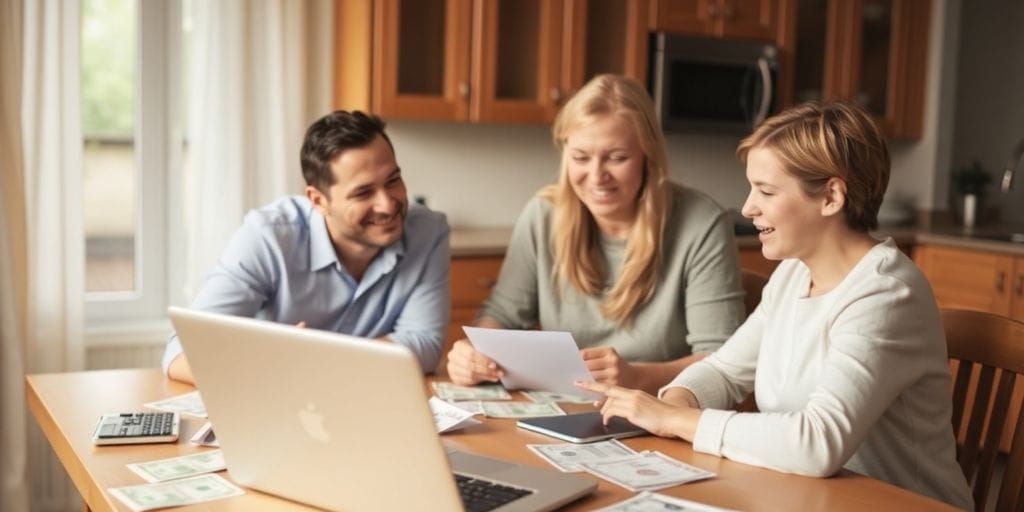 Família discutindo finanças em uma mesa de cozinha.