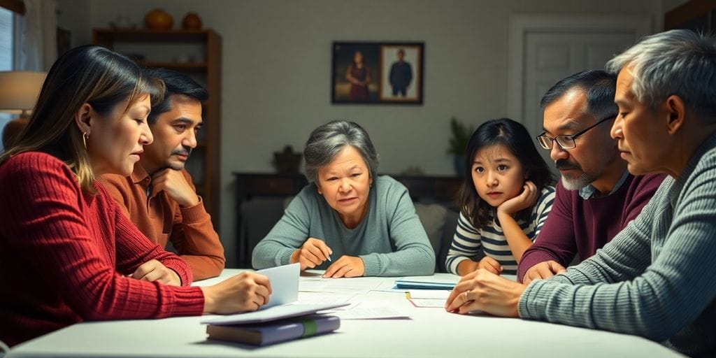 Família discutindo finanças em ambiente acolhedor.