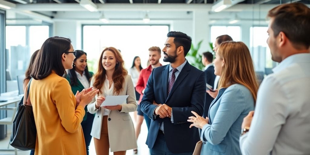 Grupo diversificado de profissionais em ambiente de trabalho moderno.