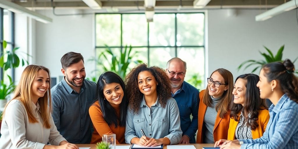 Trabalhadores felizes em um ambiente justo e colaborativo.