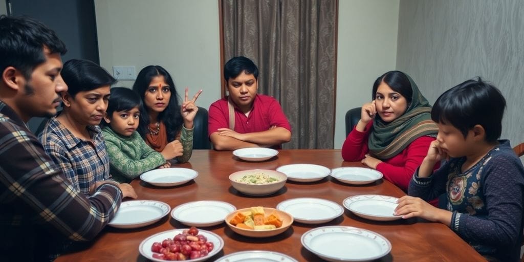 Família preocupada ao redor de uma mesa com pratos vazios.