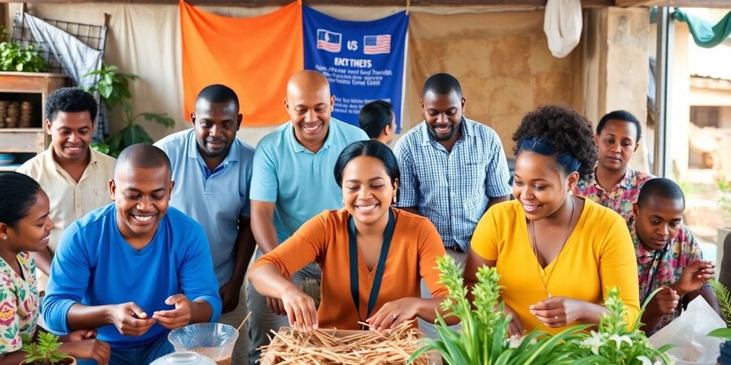 Grupo diverso colaborando em atividades produtivas e inclusivas.