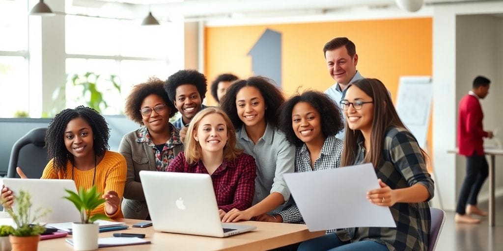 Grupo diverso de trabalhadores em ambiente colaborativo.