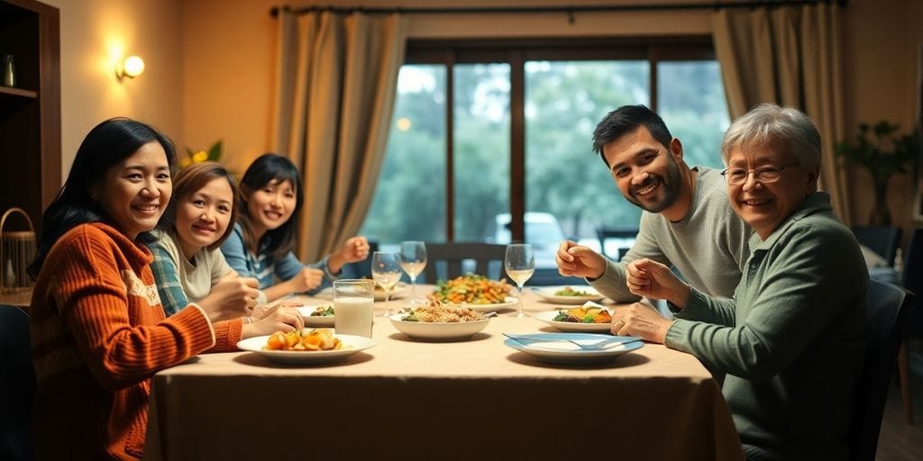 Família reunida em mesa, sorrindo e compartilhando refeição.