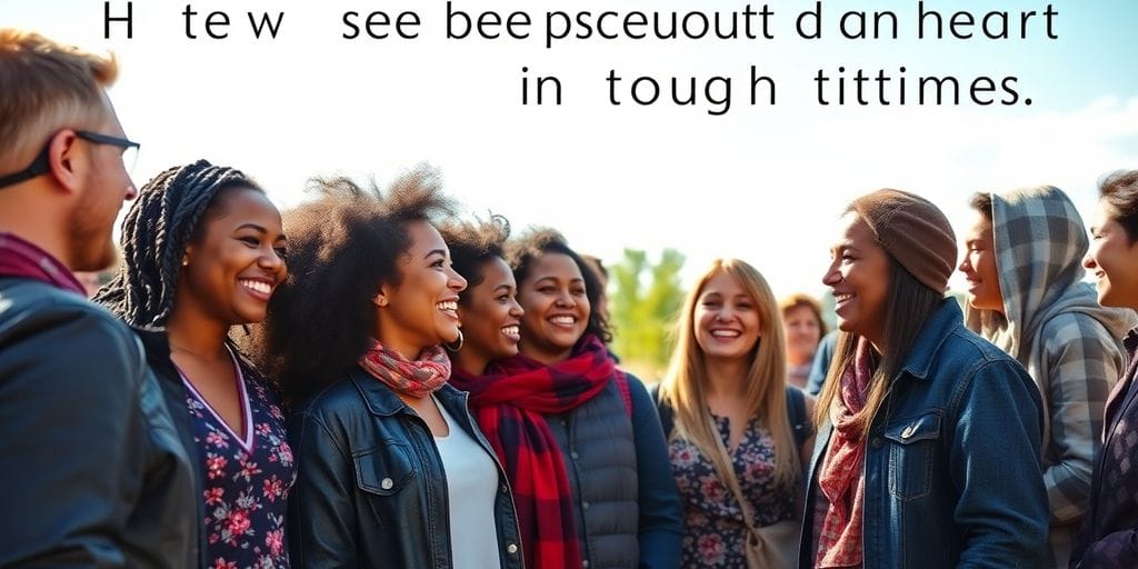 Grupo diverso de pessoas sorrindo e se apoiando.