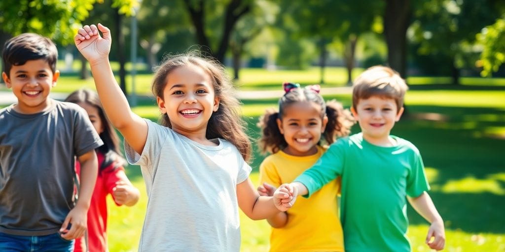 Crianças diversas de mãos dadas no parque, sorrindo.