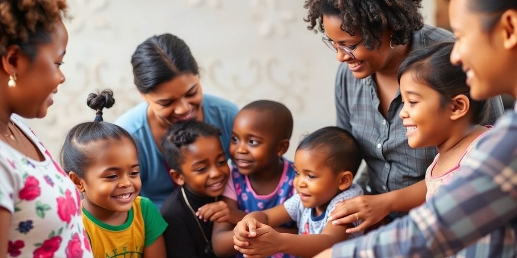 Famílias unidas em atividades comunitárias de apoio mútuo.