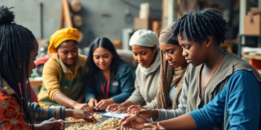 Trabalhadores diversos colaborando em ambiente solidário.
