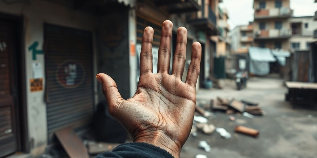 Mão envelhecida estendida em ambiente urbano negligenciado.