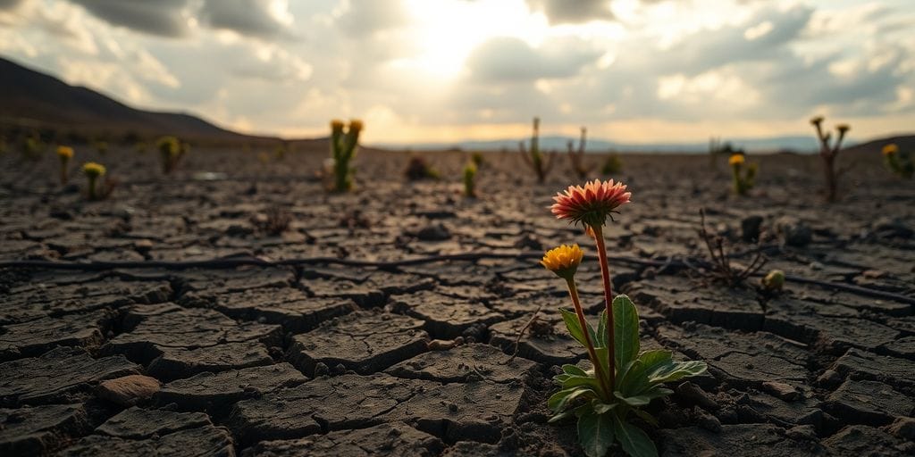 Terra árida com uma flor vibrante em destaque.