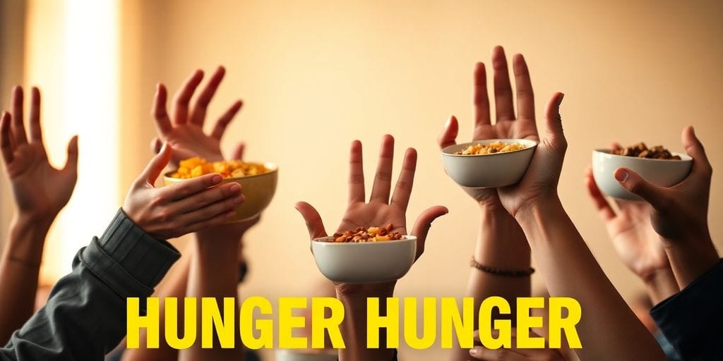 Mãos diversas segurando tigelas de comida em solidariedade.
