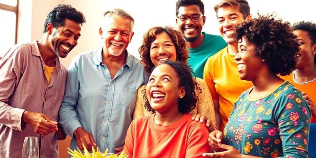 Pessoas diversas participando de atividades comunitárias alegres.