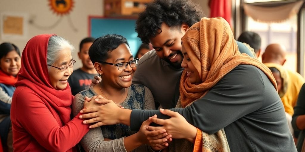 Cena de solidariedade entre pessoas em comunidade.