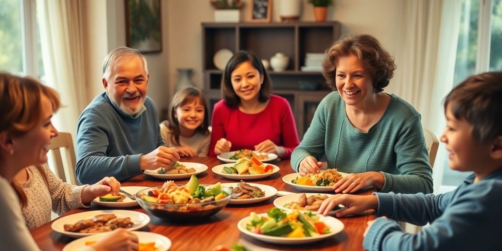 Família reunida em torno da mesa com comida.