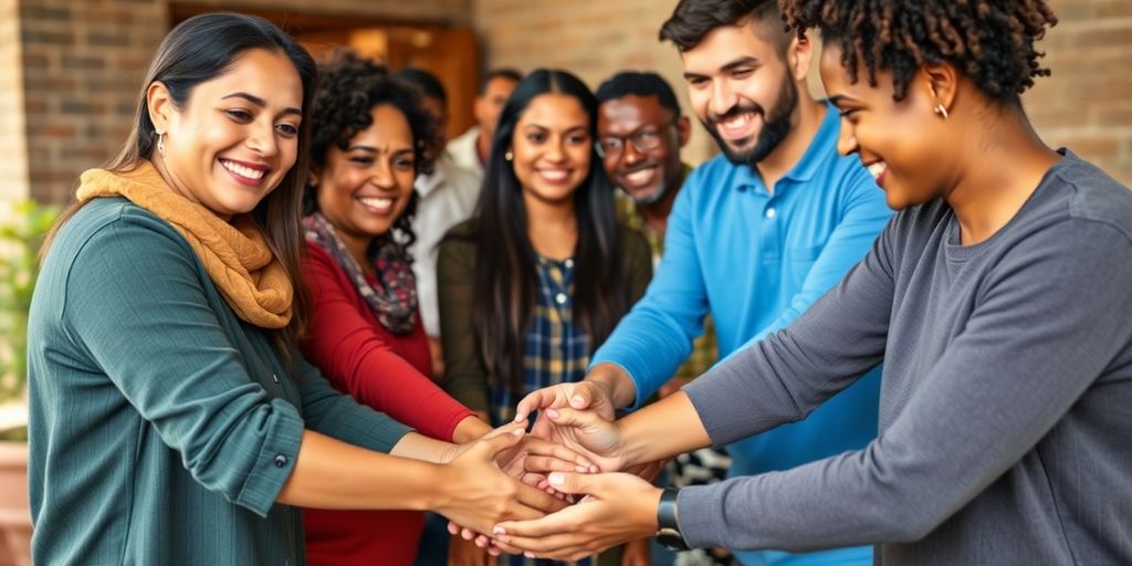Comunidade unida ajudando uns aos outros com sorrisos.