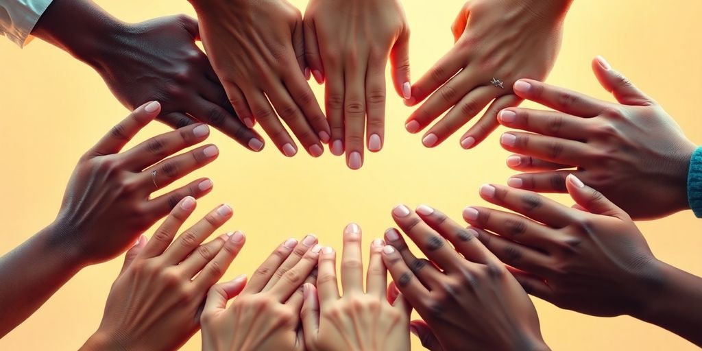 Mãos diversas unidas em um círculo de apoio.
