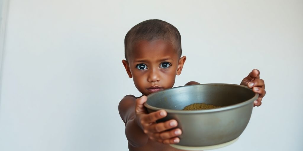 Criança desnutrida segurando uma tigela vazia.