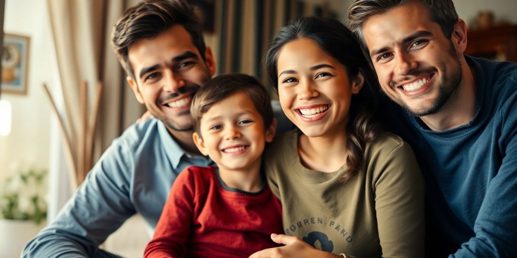 Família sorrindo em casa, simbolizando apoio e felicidade.