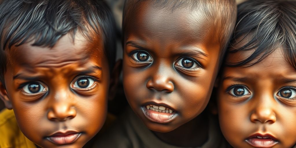 Crianças com olhos pedindo ajuda e alimentos.
