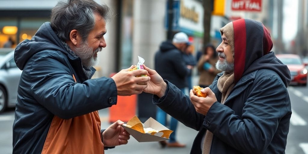 Pessoa oferecendo comida a um sem-teto numa rua.