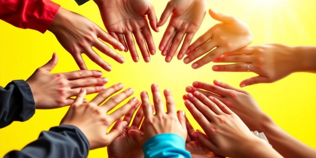 Mãos diversas unidas, simbolizando apoio e transformação.