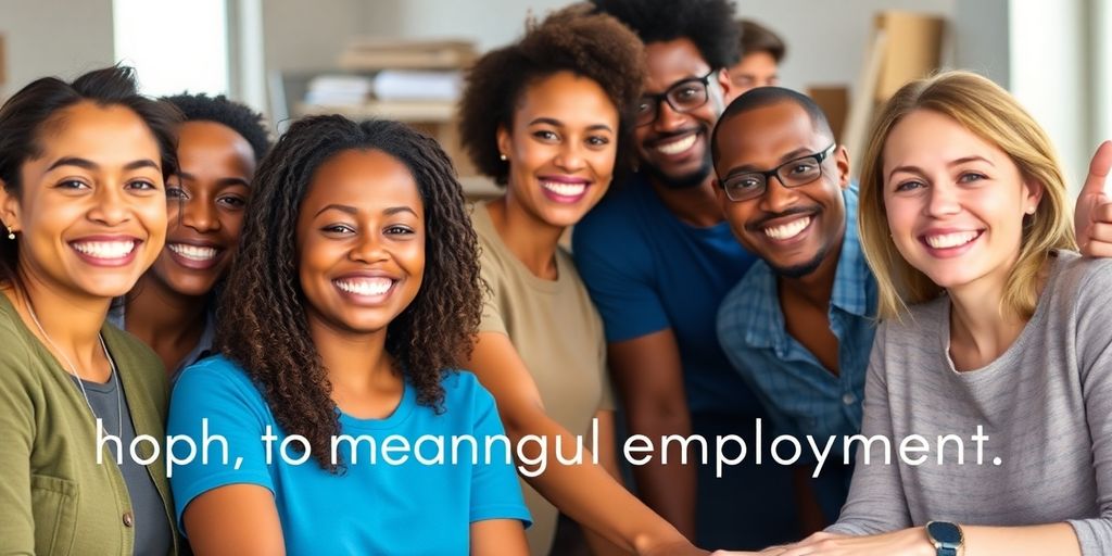 Grupo diverso de pessoas sorrindo e colaborando.