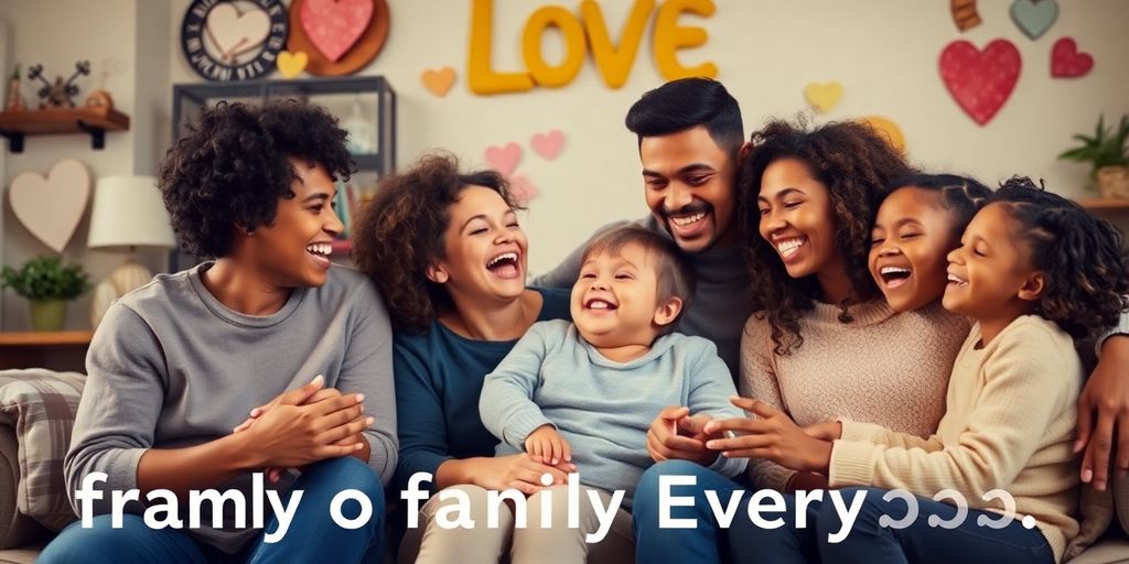 Família diversa sorrindo em um ambiente acolhedor.