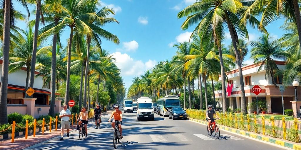 Estrada tropical movimentada com pedestres e ciclistas.