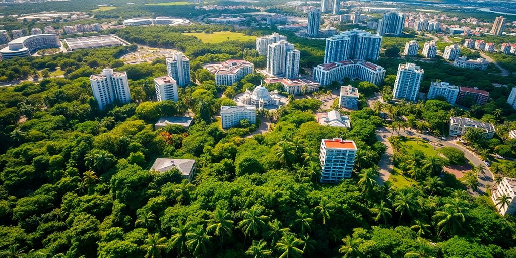 Cidade tropical com vegetação e arranha-céus modernos.