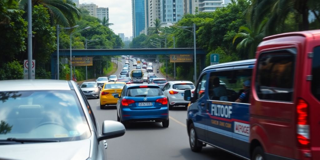 Estrada movimentada no Brasil com veículos e natureza.