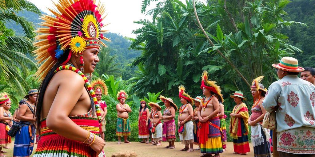 Celebração indígena com trajes tradicionais e natureza ao fundo.