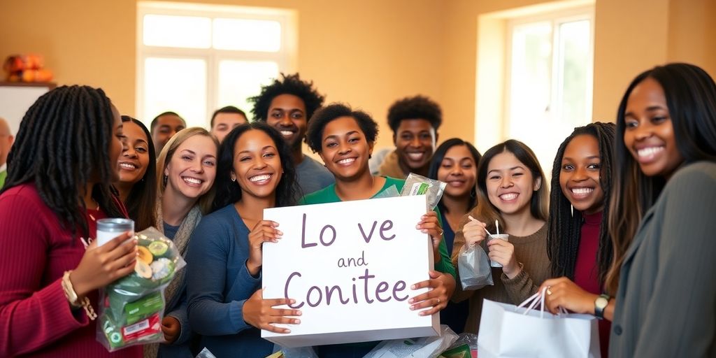 Grupo de pessoas doando com sorrisos e alegria.