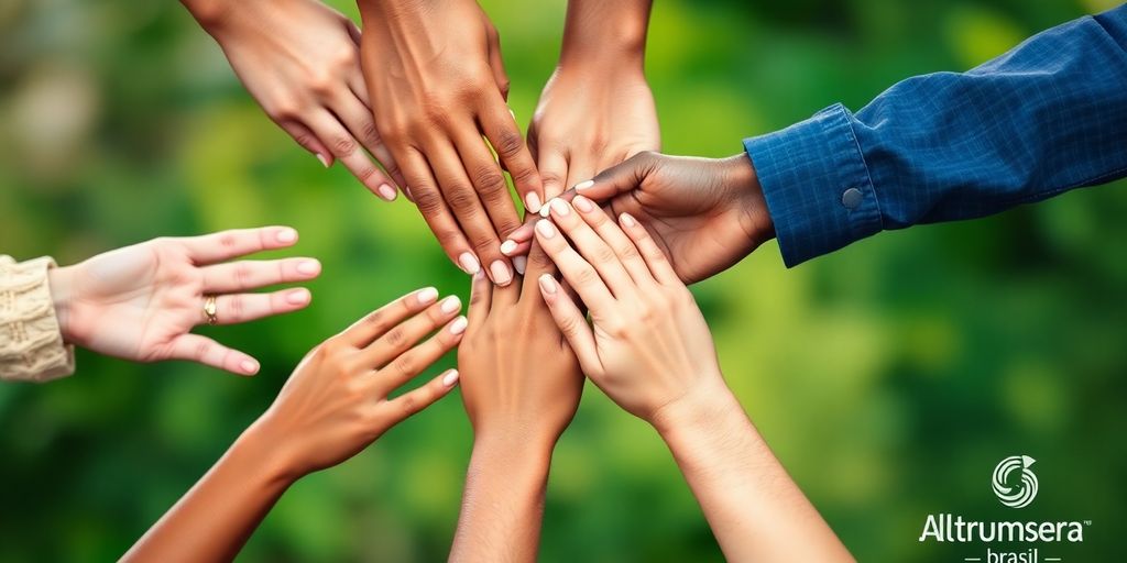 Mãos diversas unidas, simbolizando união e solidariedade.