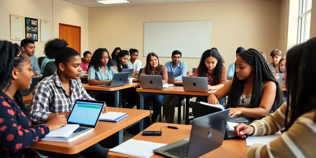 Estudantes em sala de aula participando de curso gratuito.
